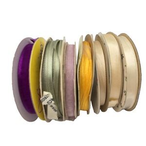 LOT OF 7 Vtg ribbons 1/4" 1/8" 3/8" Purple Sage Green Off White Yellow Pastel
